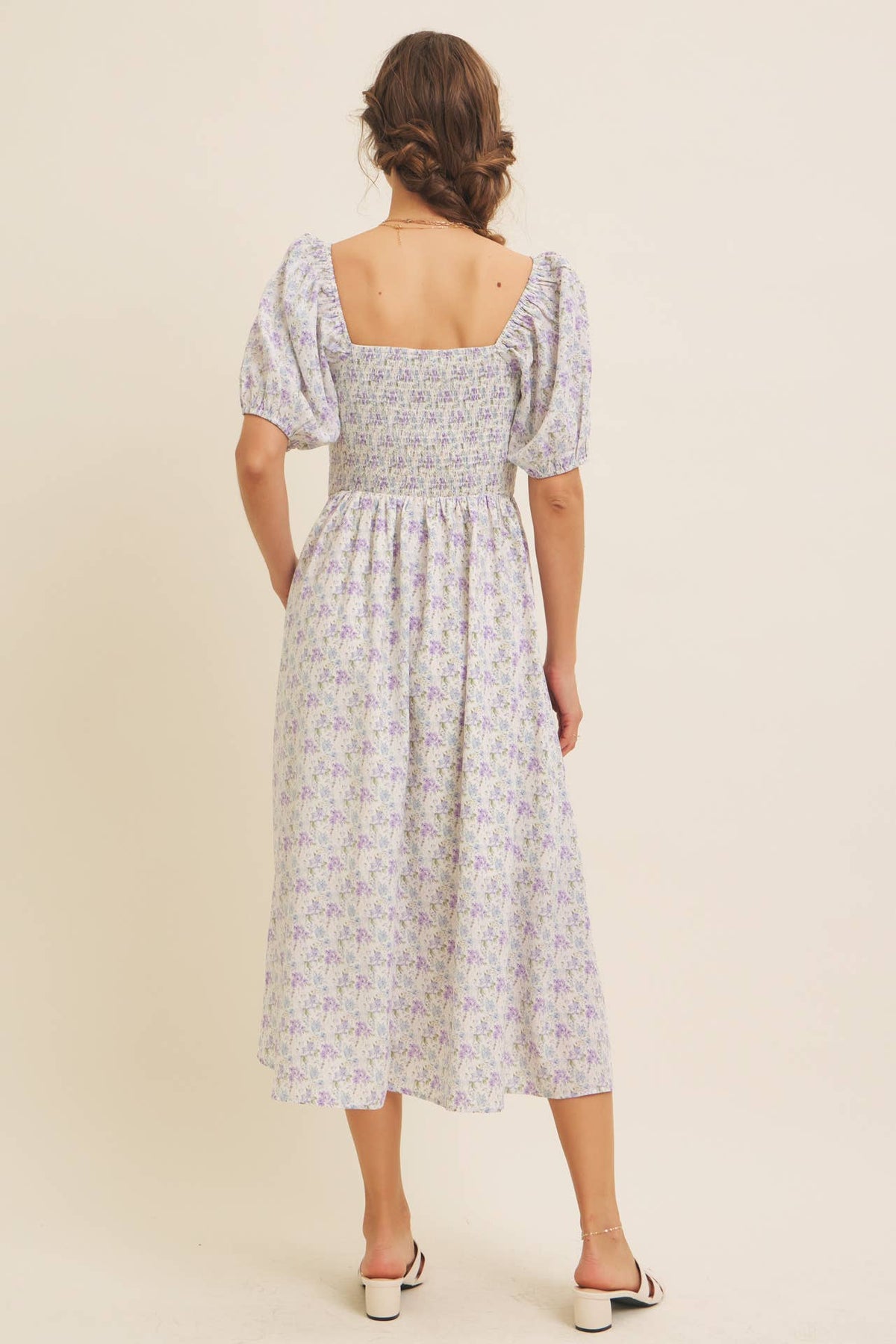 GOLDEN HOUR FLORAL PUFF SLEEVE MIDI DRESS WITH SMOCKED BACK