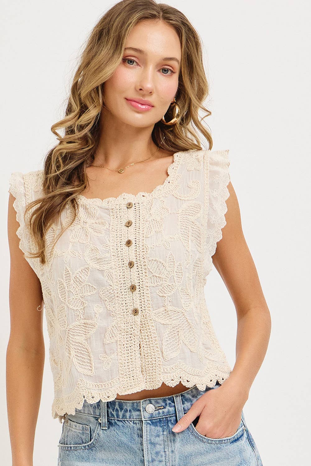 Embroidered Cotton Gauze Sleeveless Top with Crochet Trim