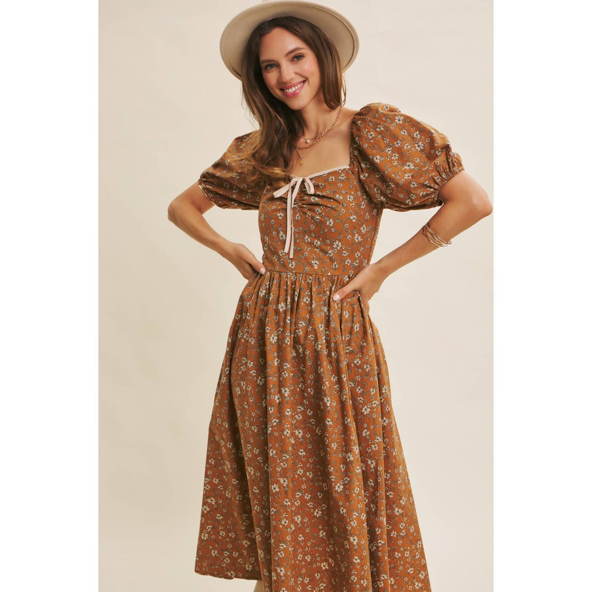 GOLDEN HOUR FLORAL PUFF SLEEVE MIDI DRESS WITH SMOCKED BACK