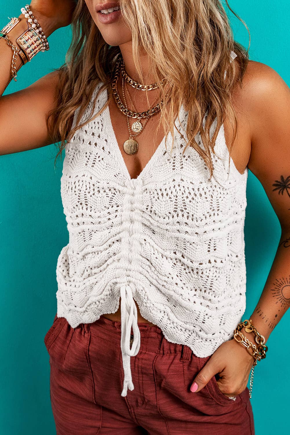 Knit V Neck Drawstring Sweater tank Too Shirt