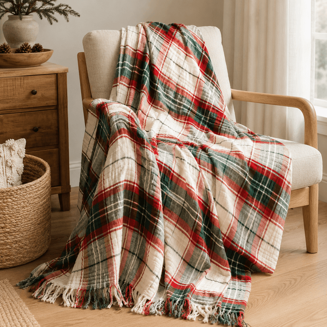 Oversized Muslin Cotton Throw with Fringe - Holiday Plaid