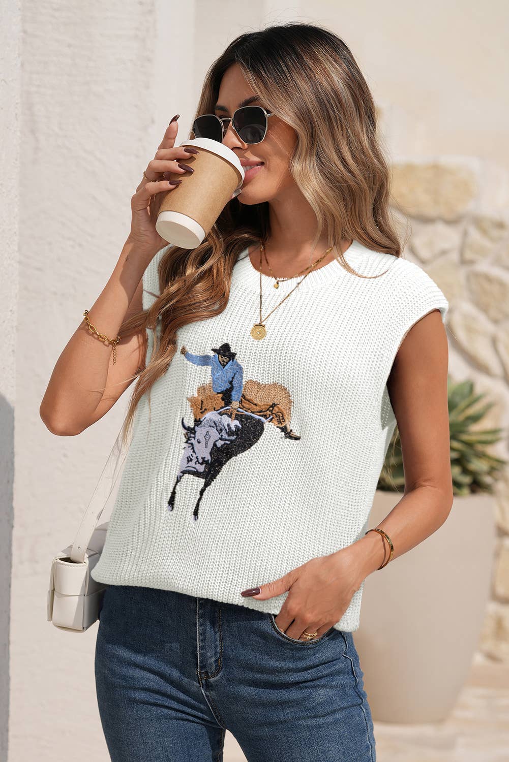 Western Cowboy Embroidery Round Neck Sleeveless Sweater