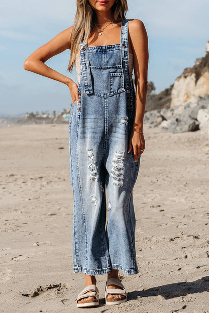 Distressed Bib Pocket Wide Leg Denim Overalls