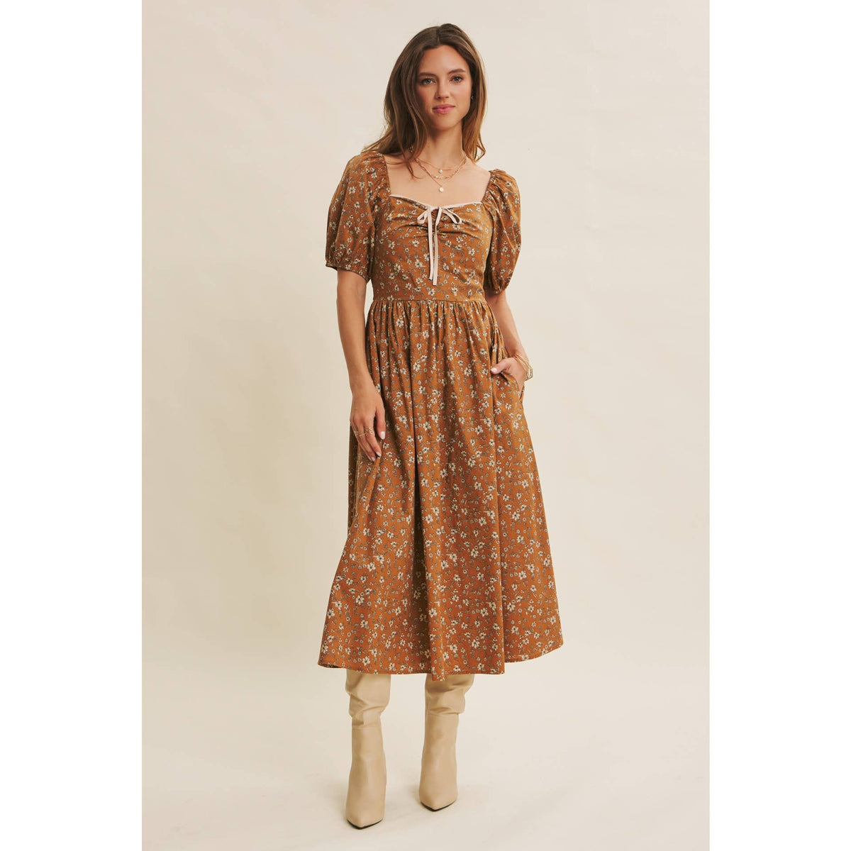GOLDEN HOUR FLORAL PUFF SLEEVE MIDI DRESS WITH SMOCKED BACK