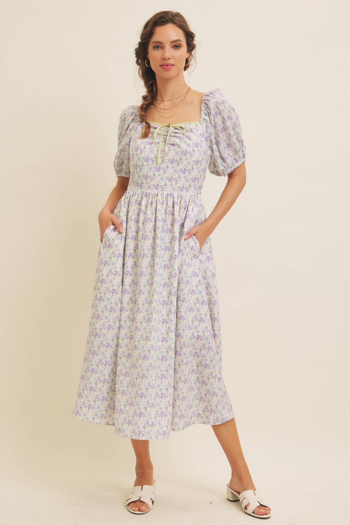 GOLDEN HOUR FLORAL PUFF SLEEVE MIDI DRESS WITH SMOCKED BACK