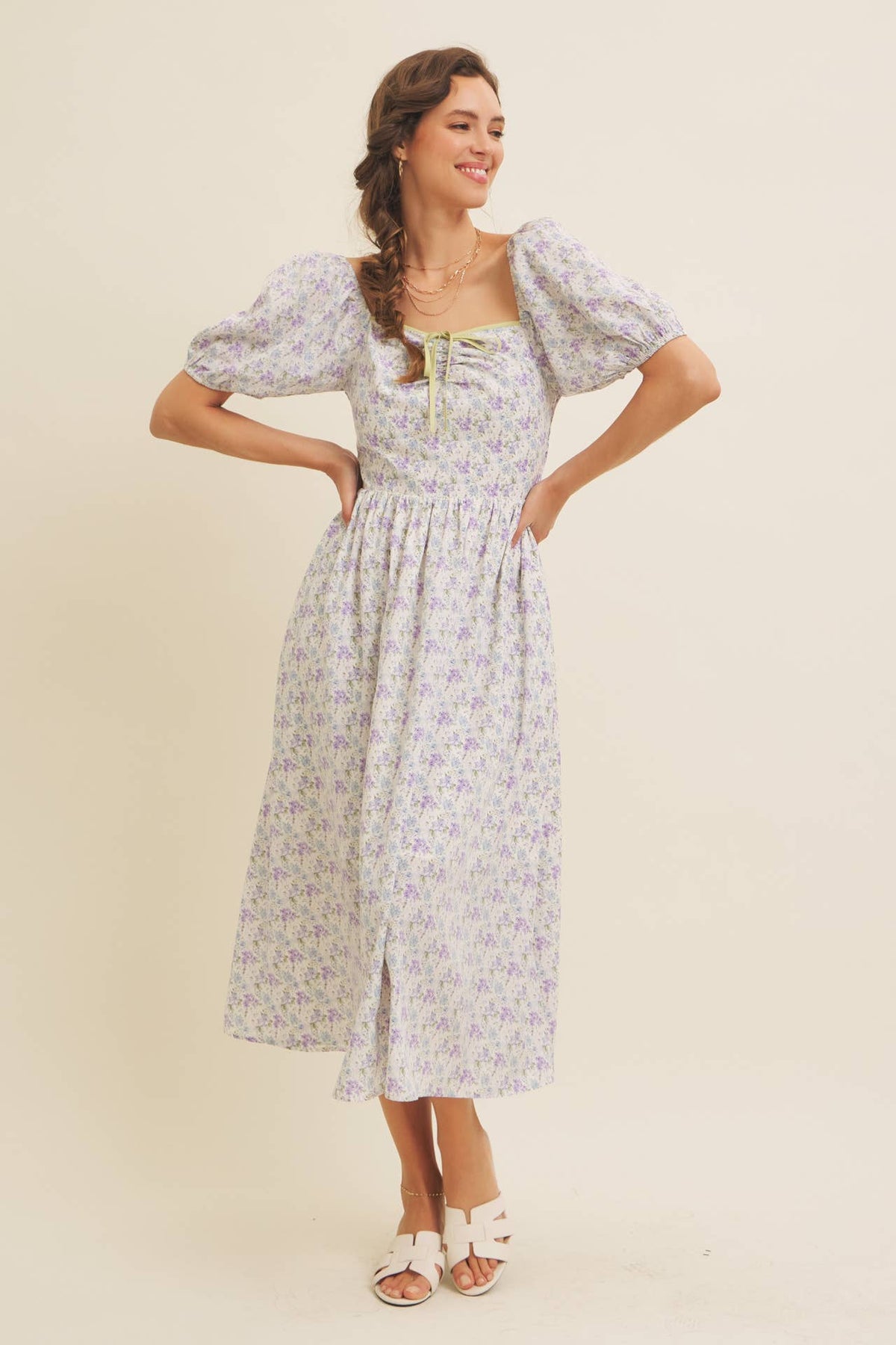 GOLDEN HOUR FLORAL PUFF SLEEVE MIDI DRESS WITH SMOCKED BACK