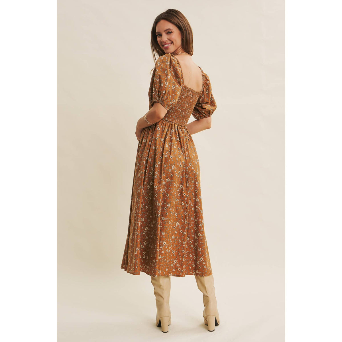 GOLDEN HOUR FLORAL PUFF SLEEVE MIDI DRESS WITH SMOCKED BACK