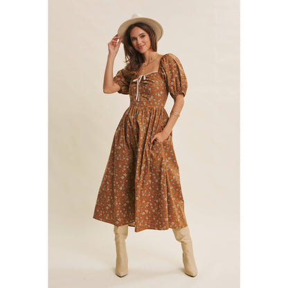 GOLDEN HOUR FLORAL PUFF SLEEVE MIDI DRESS WITH SMOCKED BACK