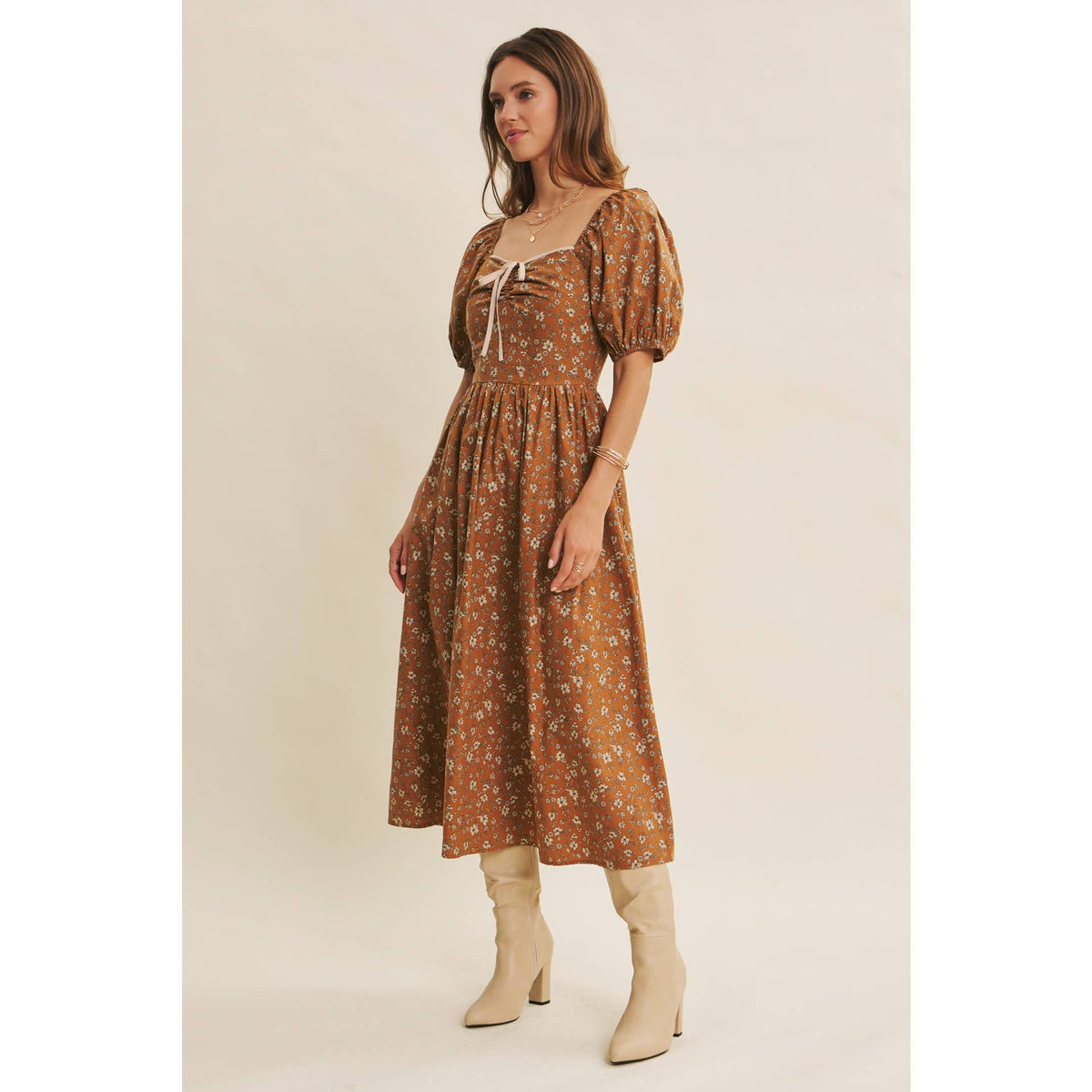 GOLDEN HOUR FLORAL PUFF SLEEVE MIDI DRESS WITH SMOCKED BACK