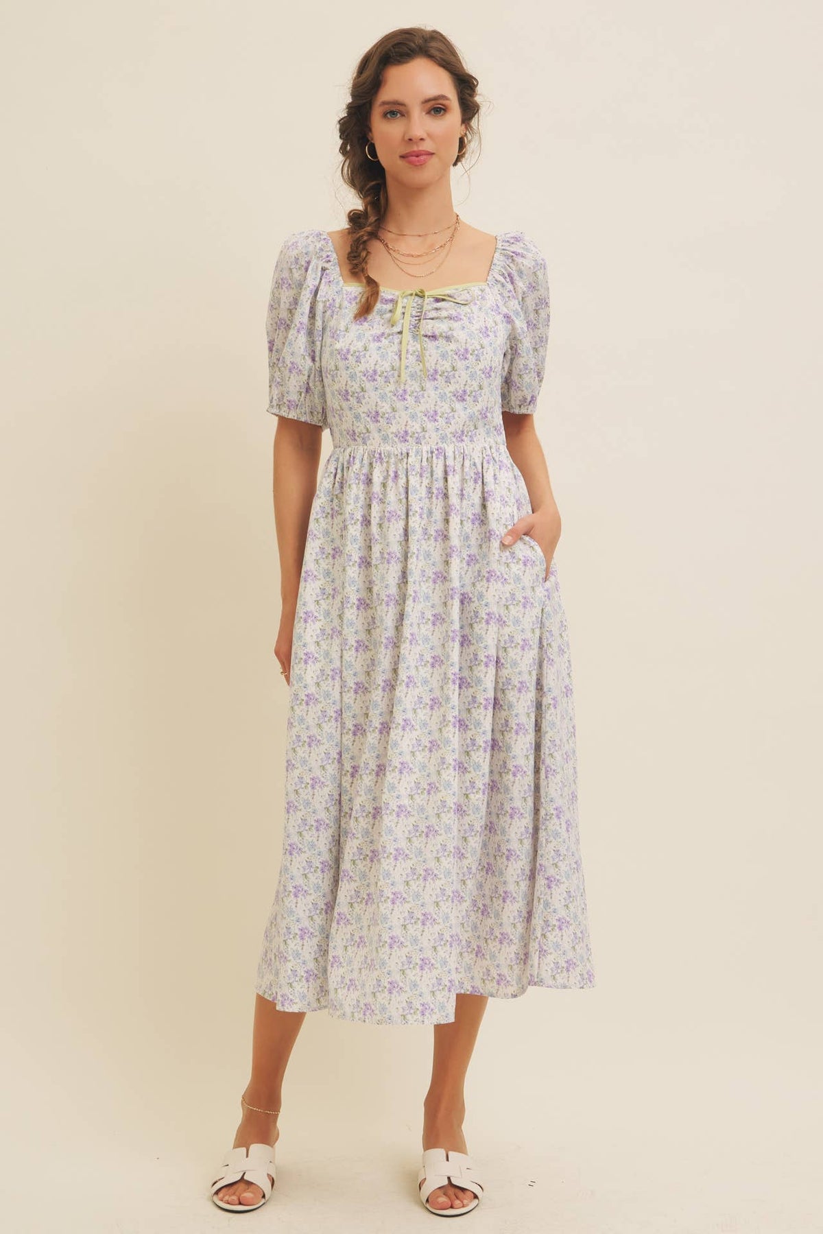 GOLDEN HOUR FLORAL PUFF SLEEVE MIDI DRESS WITH SMOCKED BACK