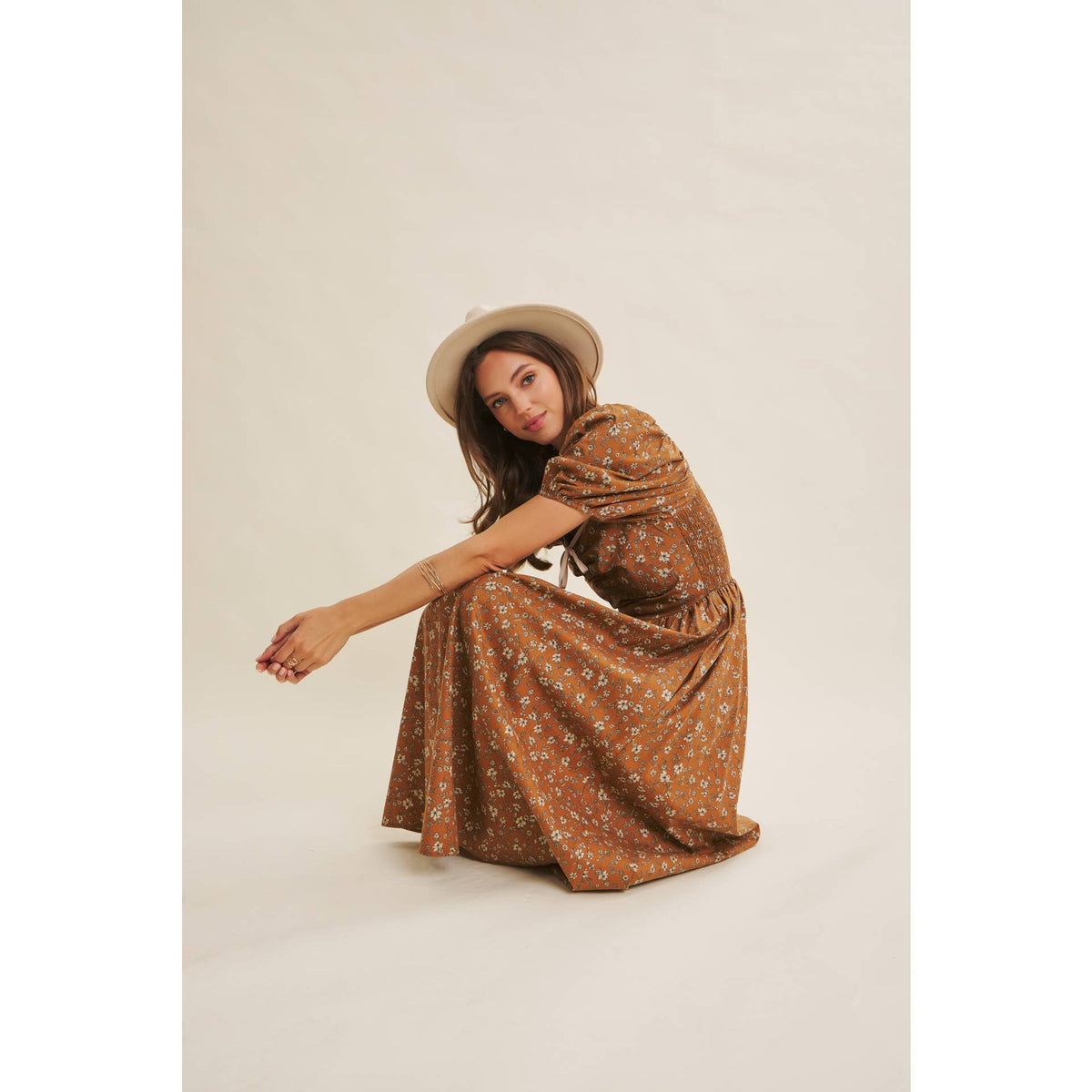 GOLDEN HOUR FLORAL PUFF SLEEVE MIDI DRESS WITH SMOCKED BACK