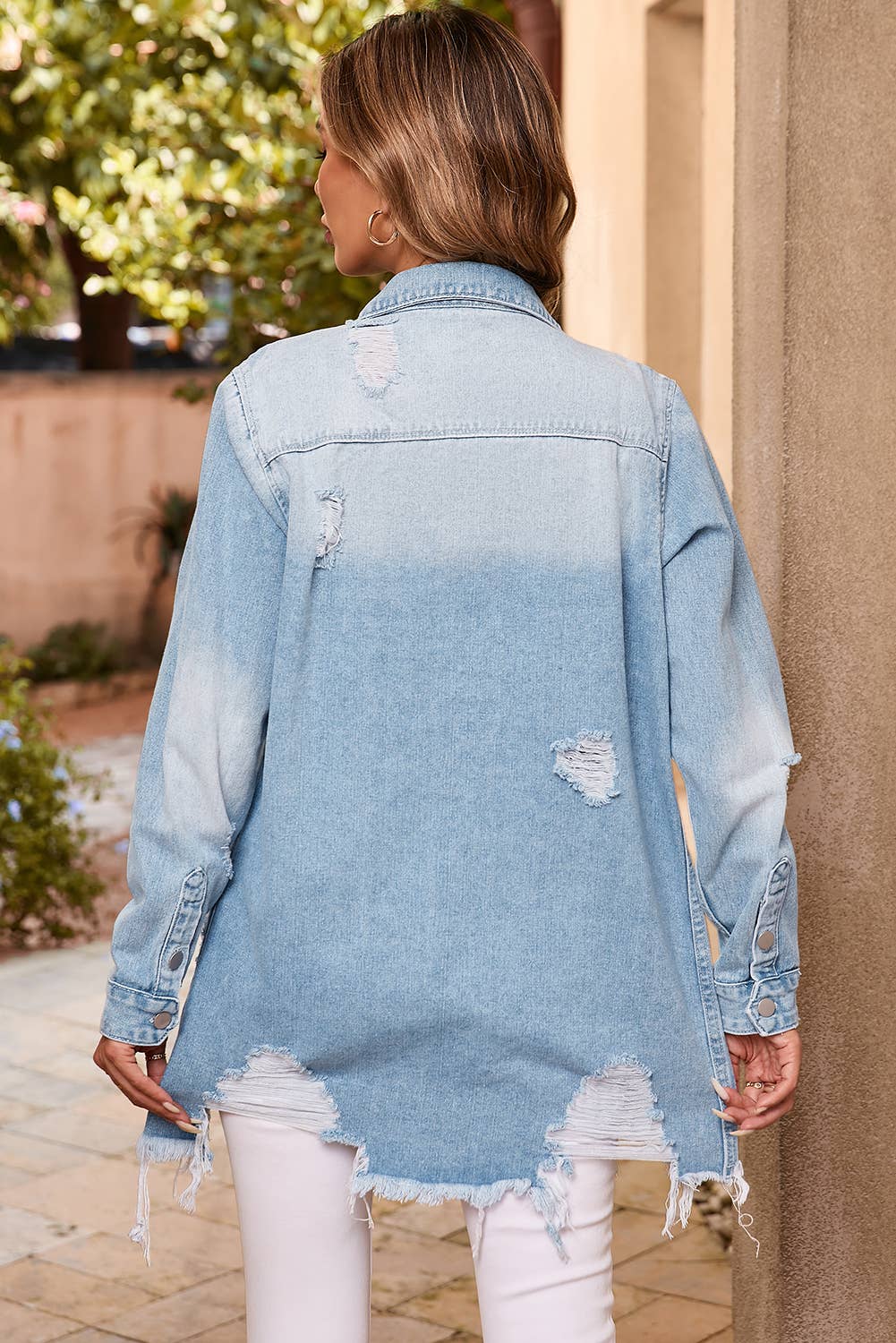 Distressed Frayed Long Denim Jacket