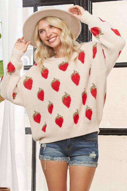 LESW3944-STRAWBERRY PRINT KNIT SWEATER