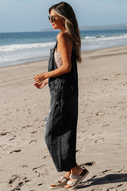 Distressed Bib Pocket Wide Leg Denim Overalls