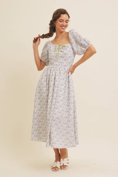 GOLDEN HOUR FLORAL PUFF SLEEVE MIDI DRESS WITH SMOCKED BACK