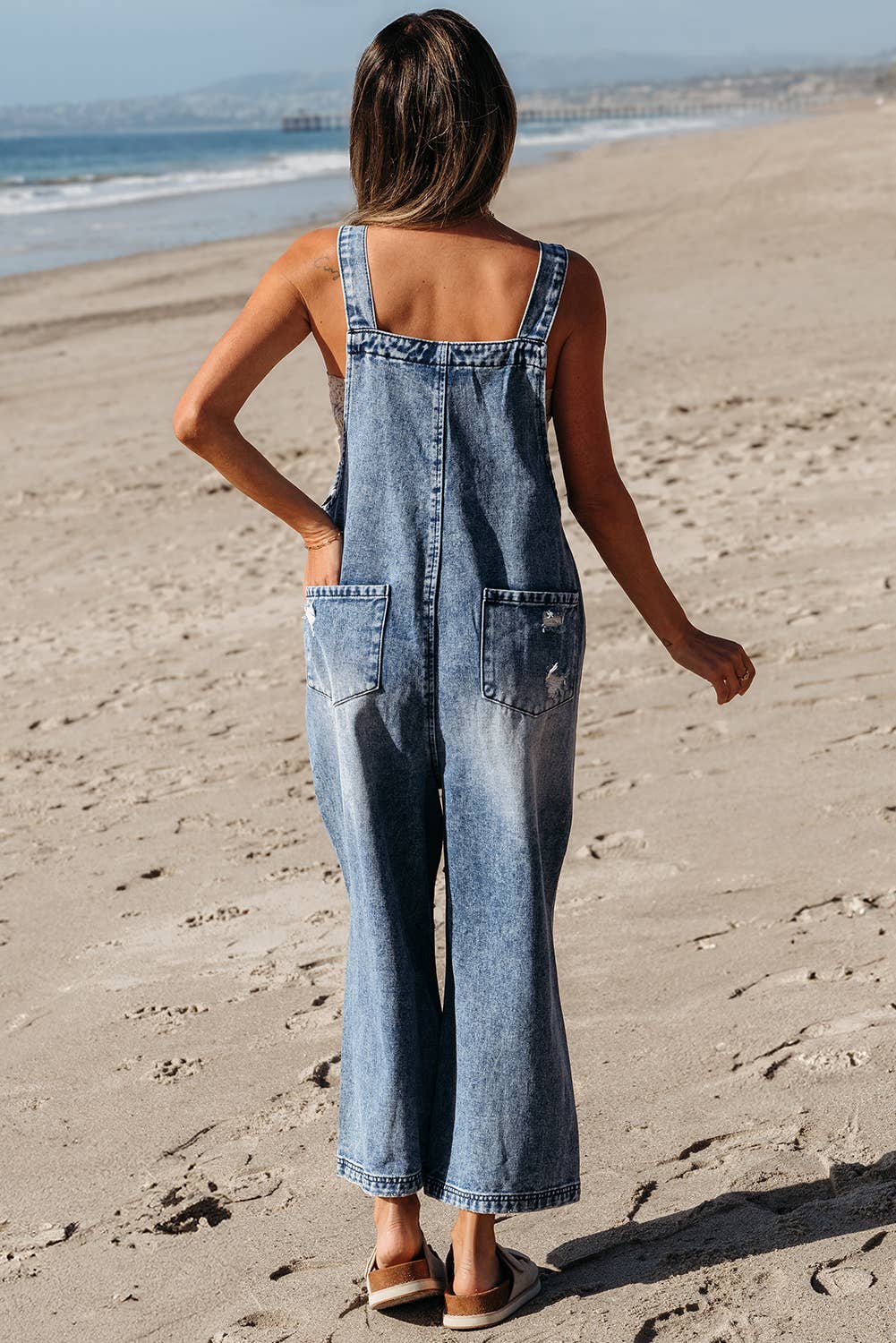 Distressed Bib Pocket Wide Leg Denim Overalls