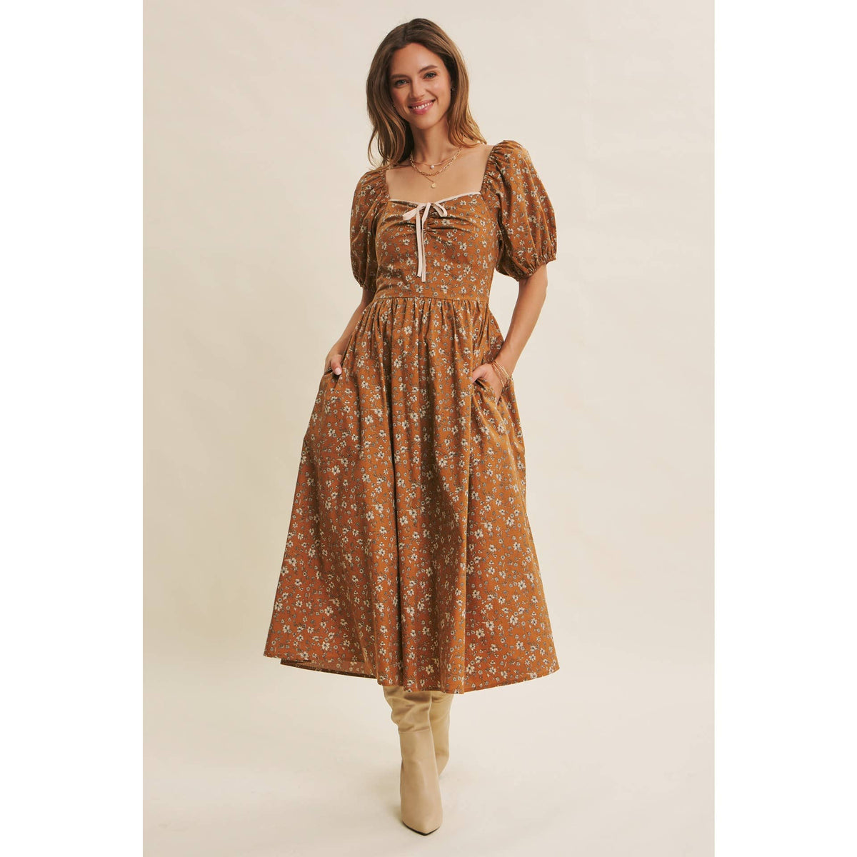 GOLDEN HOUR FLORAL PUFF SLEEVE MIDI DRESS WITH SMOCKED BACK