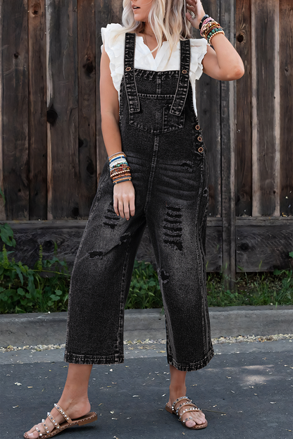 Distressed Bib Pocket Wide Leg Denim Overalls