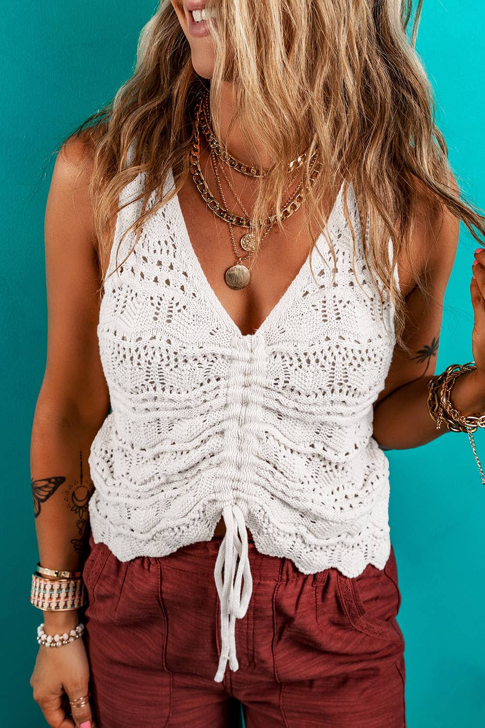 Knit V Neck Drawstring Sweater tank Too Shirt