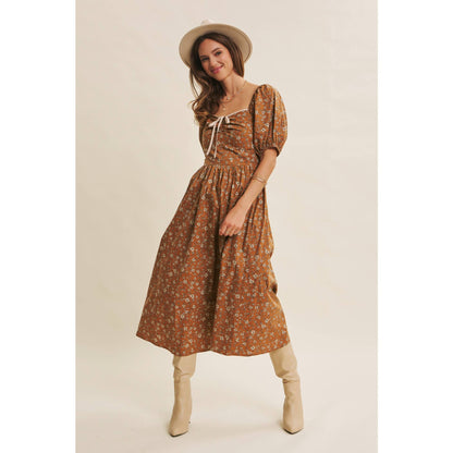 GOLDEN HOUR FLORAL PUFF SLEEVE MIDI DRESS WITH SMOCKED BACK