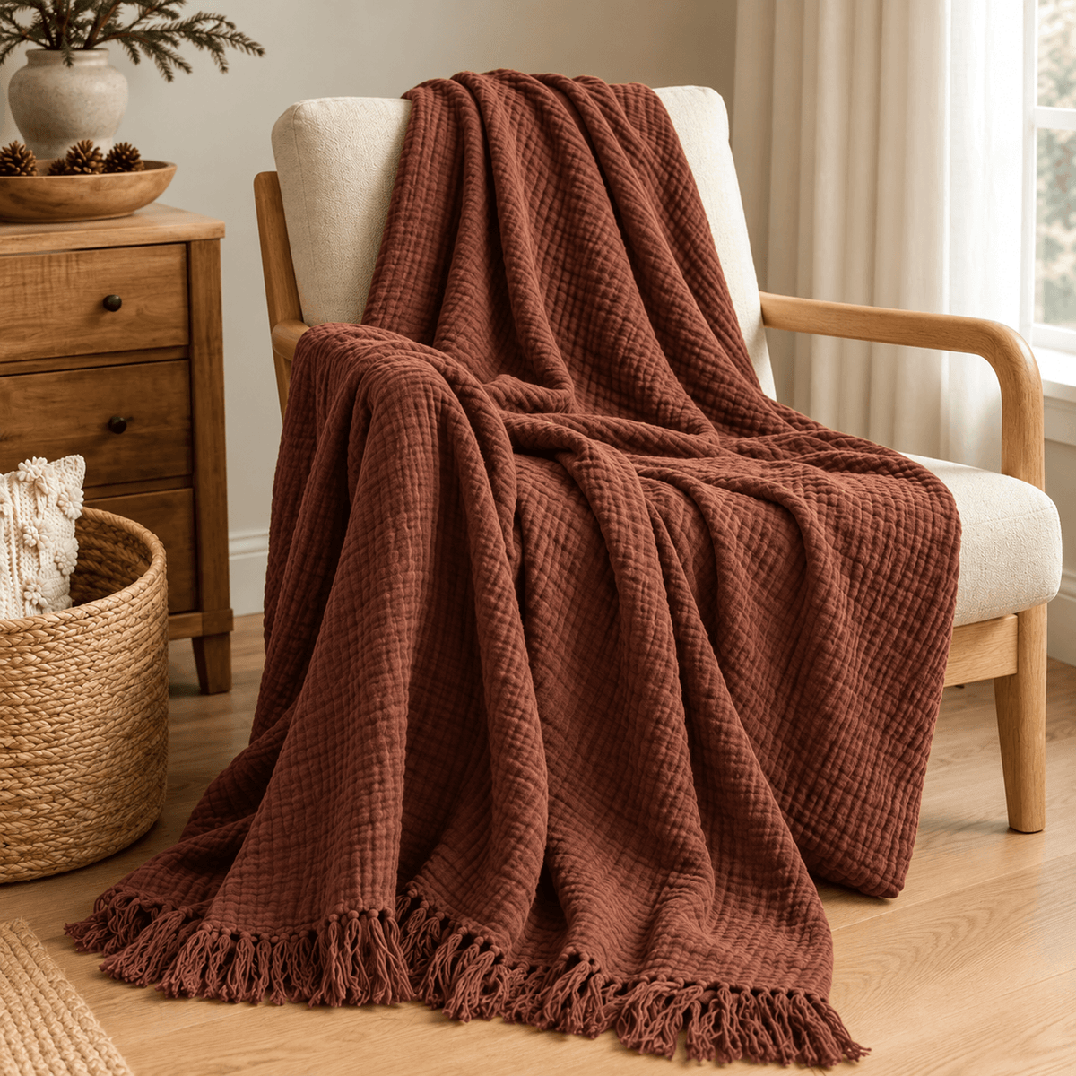 Extra Warm Muslin Cotton Throw with Fringe