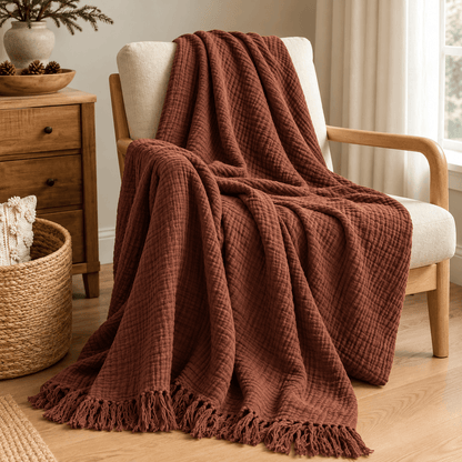 Extra Warm Muslin Cotton Throw with Fringe