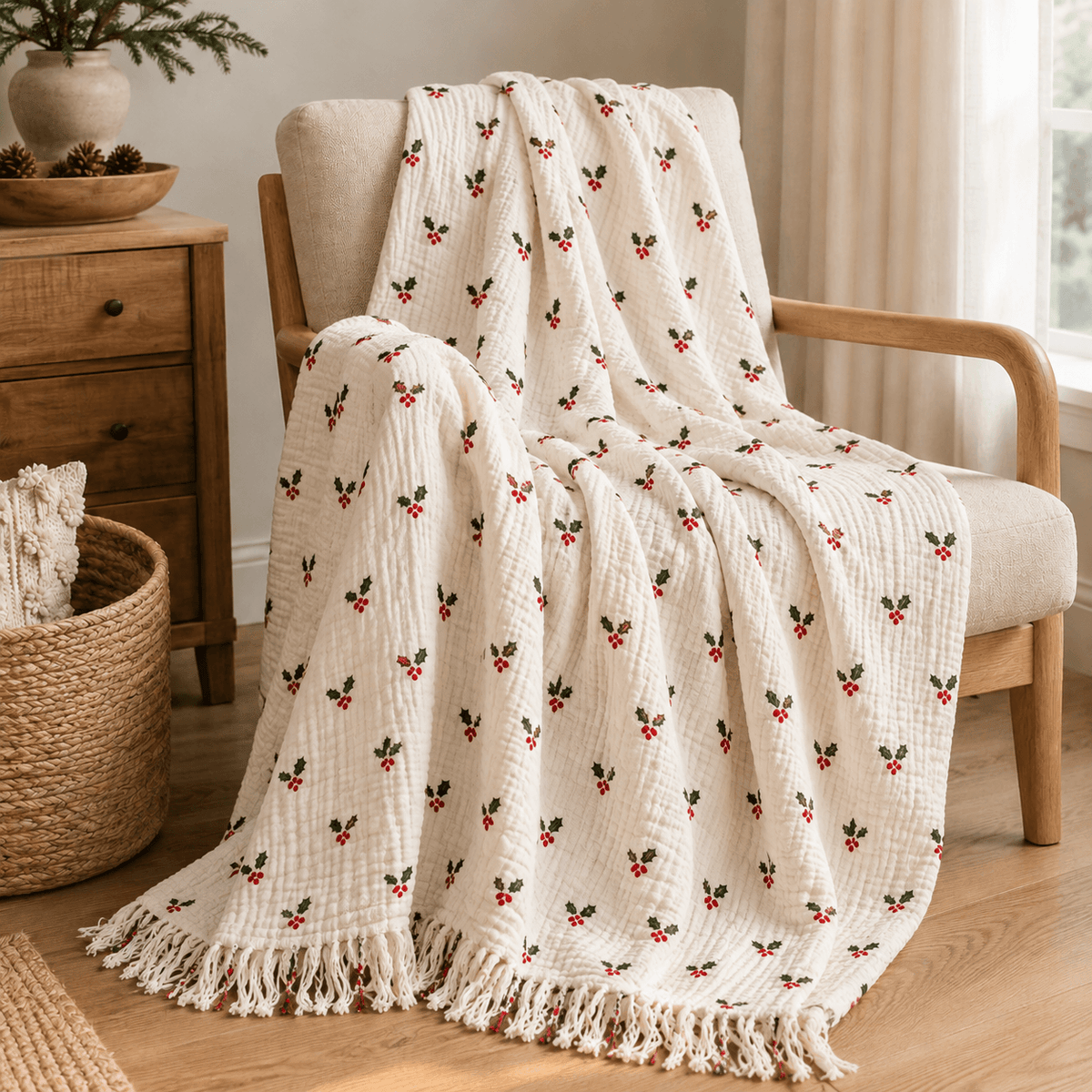 Extra Warm Muslin Cotton Throw with Fringe - Vintage Holly