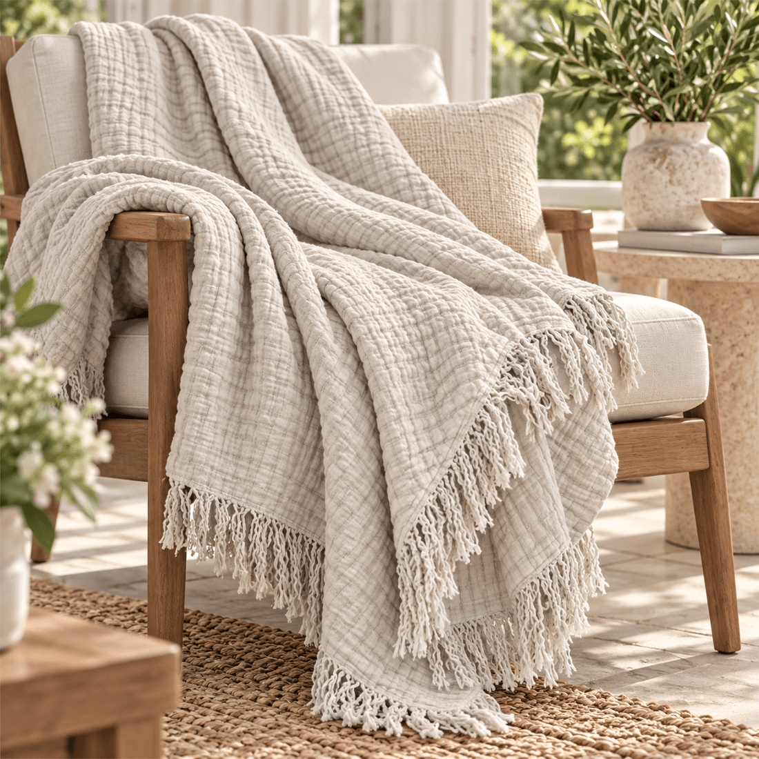 Extra Warm Muslin Cotton Throw with Fringe