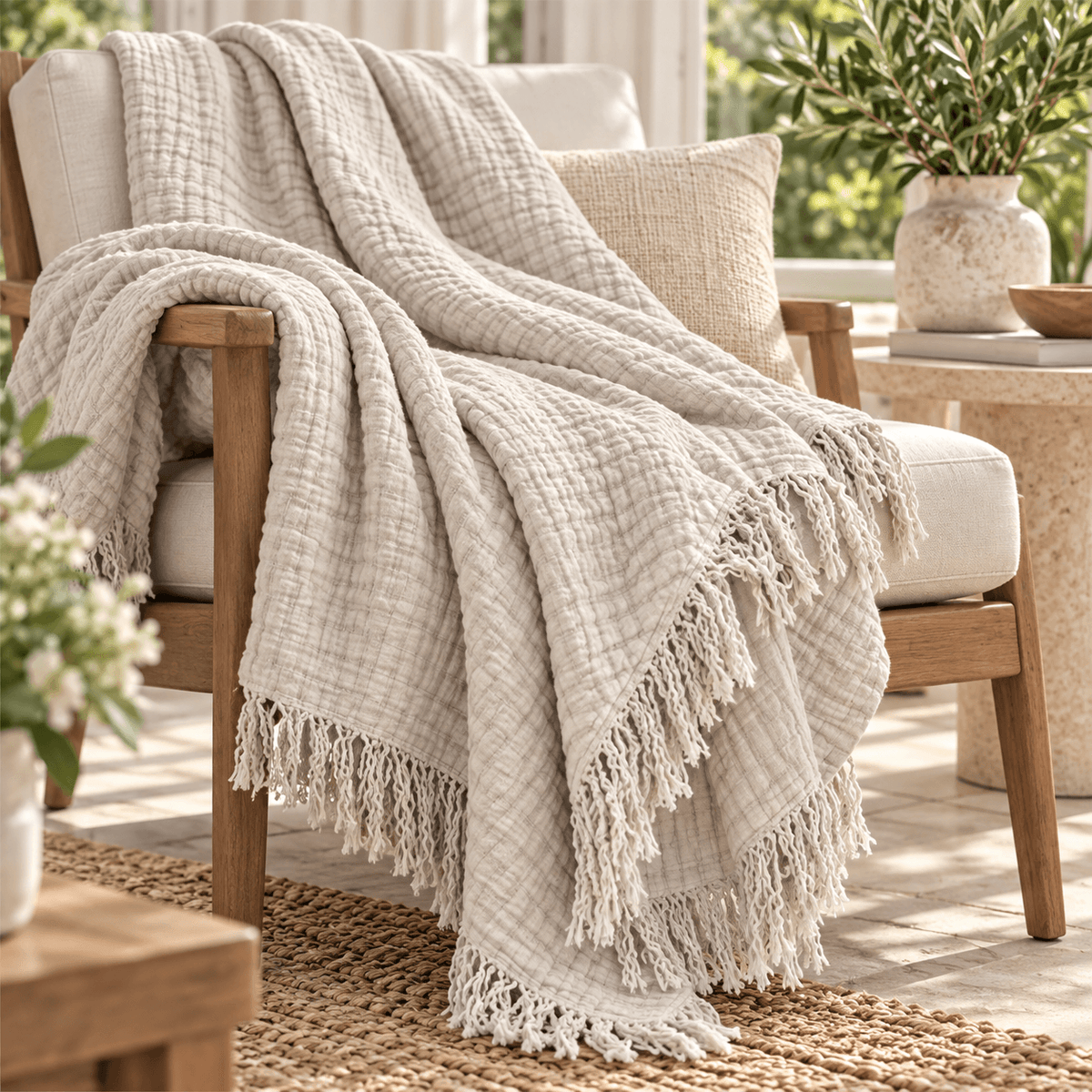 Extra Warm Muslin Cotton Throw with Fringe