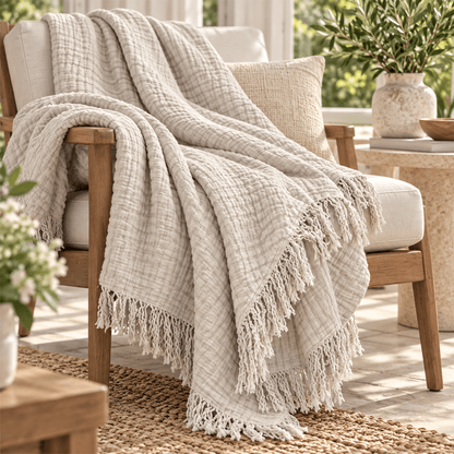 Extra Warm Muslin Cotton Throw with Fringe
