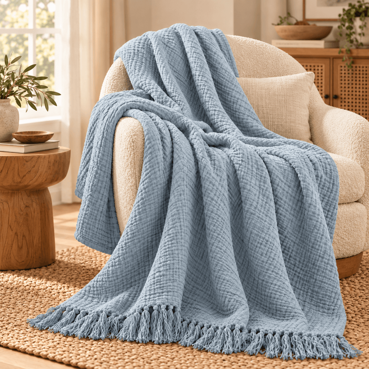 Extra Warm Muslin Cotton Throw with Fringe