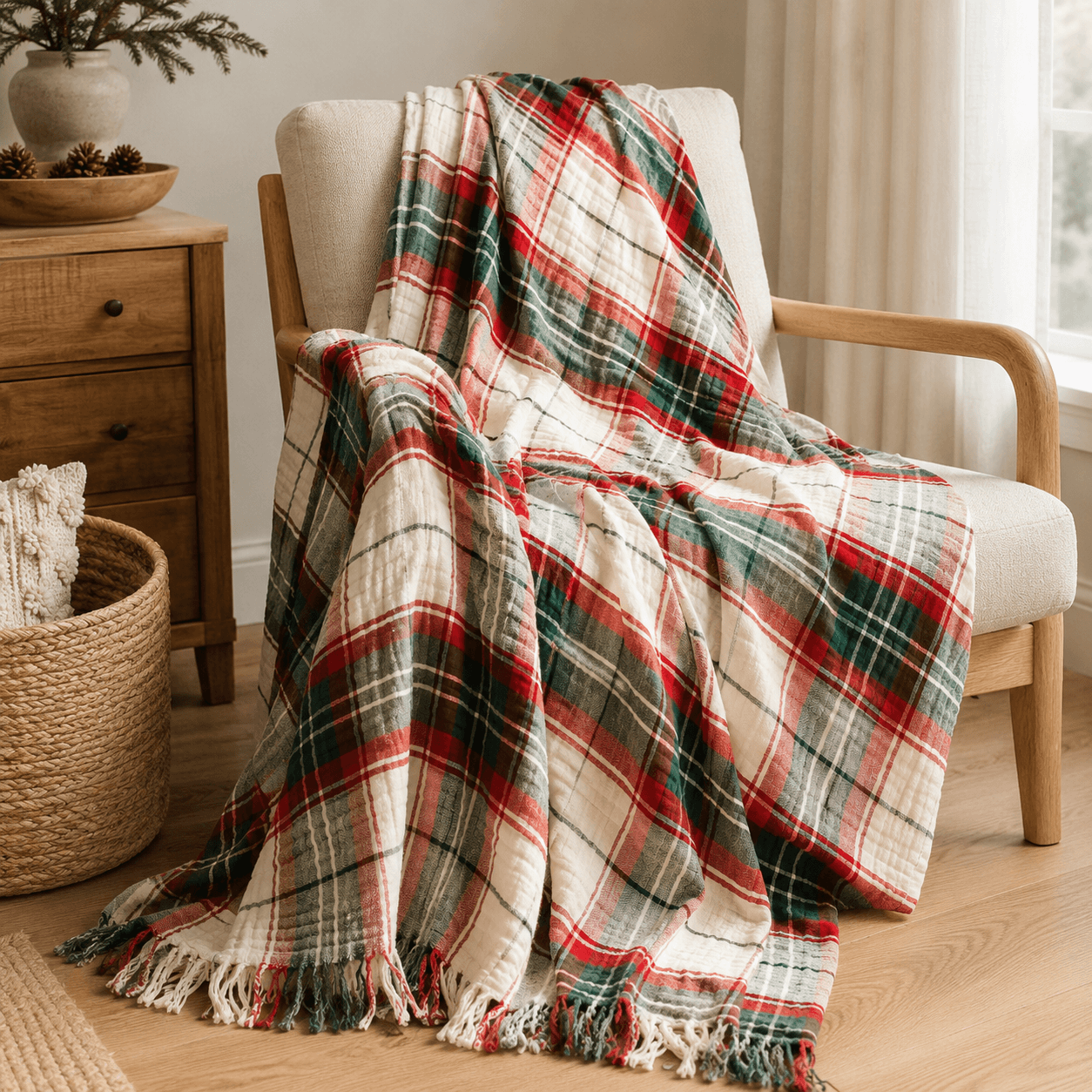 Oversized Muslin Cotton Throw with Fringe - Holiday Plaid