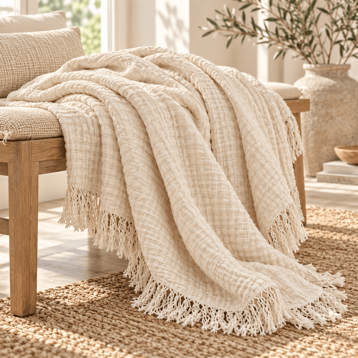 Extra Warm Muslin Cotton Throw with Fringe