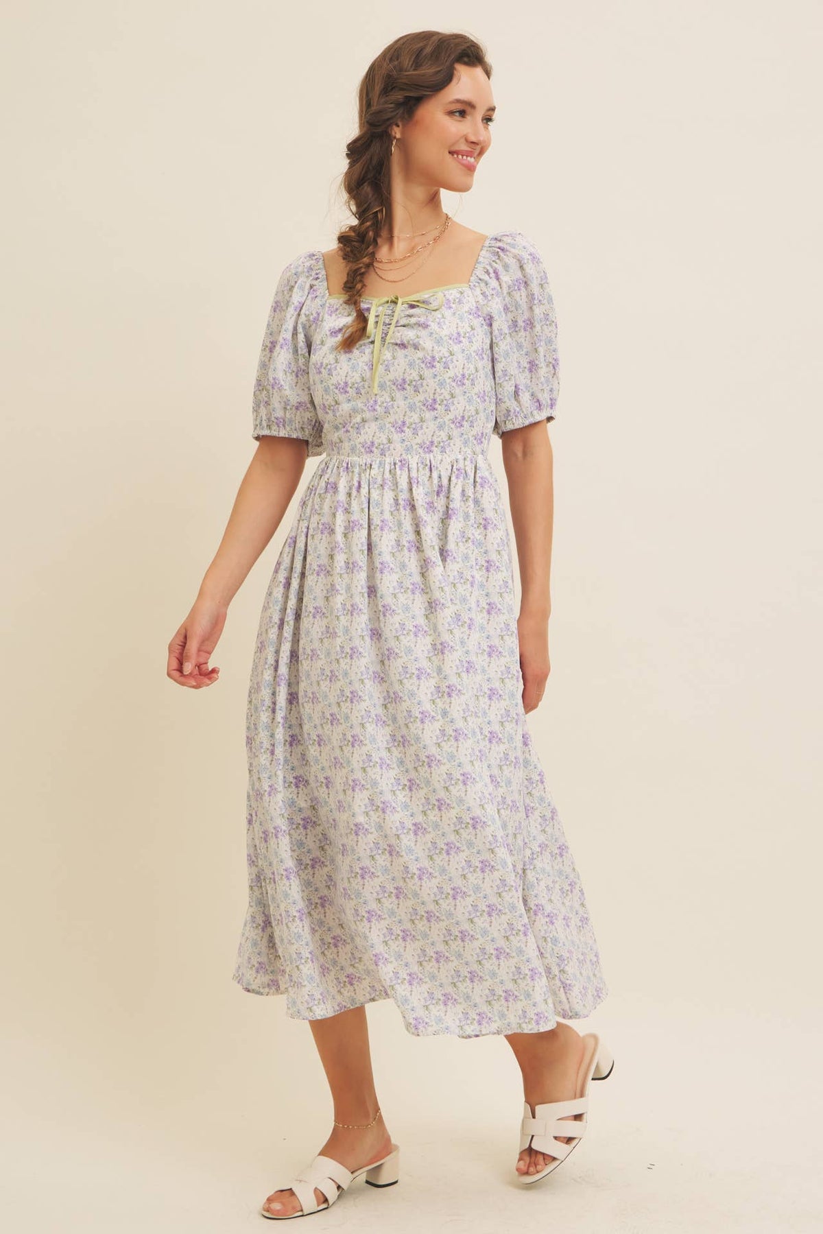 GOLDEN HOUR FLORAL PUFF SLEEVE MIDI DRESS WITH SMOCKED BACK