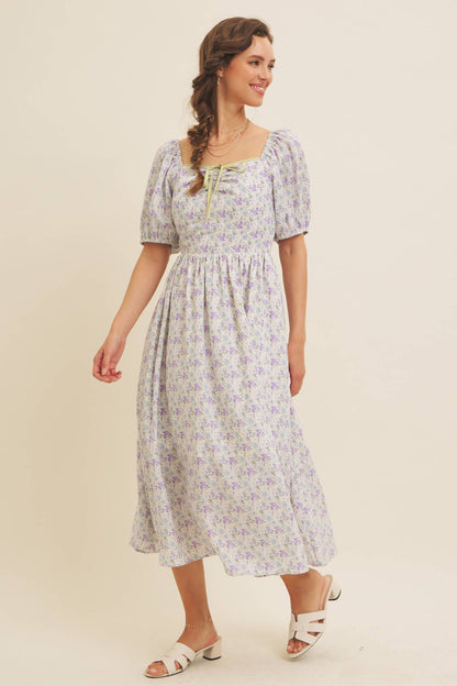 GOLDEN HOUR FLORAL PUFF SLEEVE MIDI DRESS WITH SMOCKED BACK