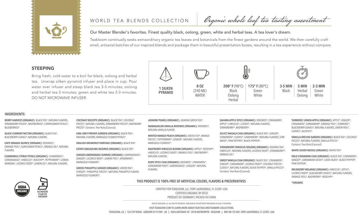 Teabloom World Pyramid Tea Collection, 24 Organic Teas