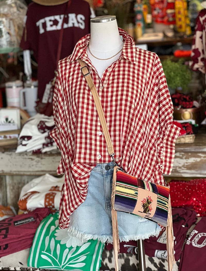 Womens red checkered gingham short sleeve tie front Shirt