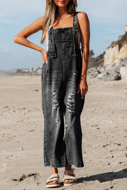 Distressed Bib Pocket Wide Leg Denim Overalls
