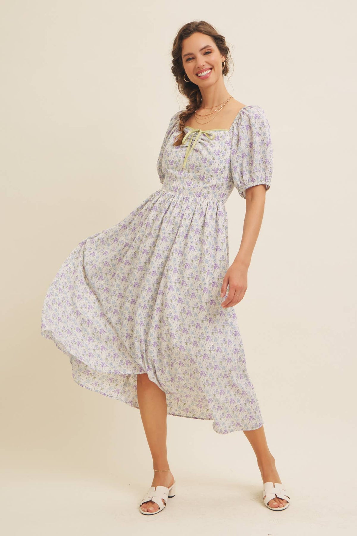 GOLDEN HOUR FLORAL PUFF SLEEVE MIDI DRESS WITH SMOCKED BACK