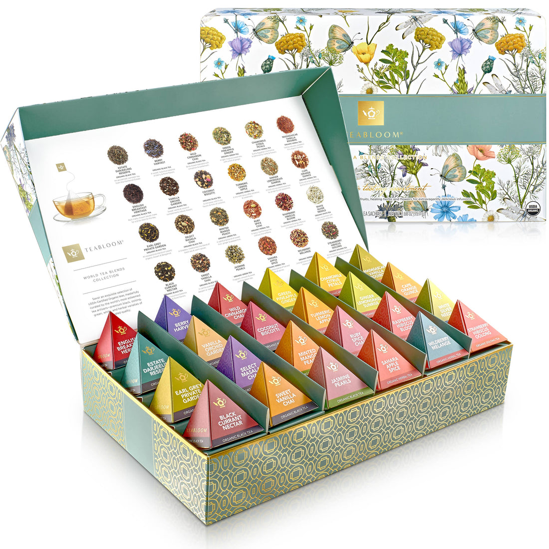 Teabloom World Pyramid Tea Collection, 24 Organic Teas