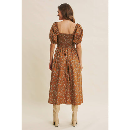 GOLDEN HOUR FLORAL PUFF SLEEVE MIDI DRESS WITH SMOCKED BACK