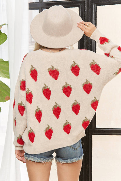 LESW3944-STRAWBERRY PRINT KNIT SWEATER