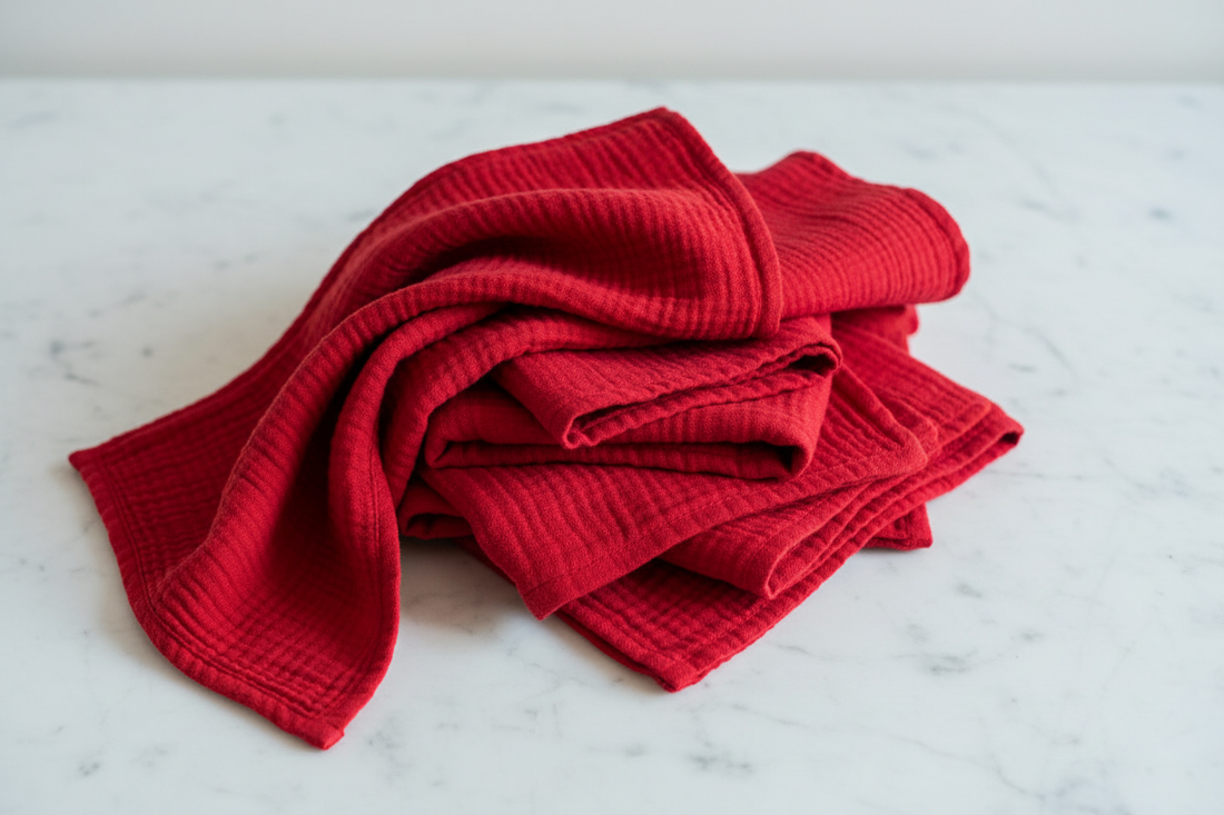 Red muslin cotton washcloths matching brand color